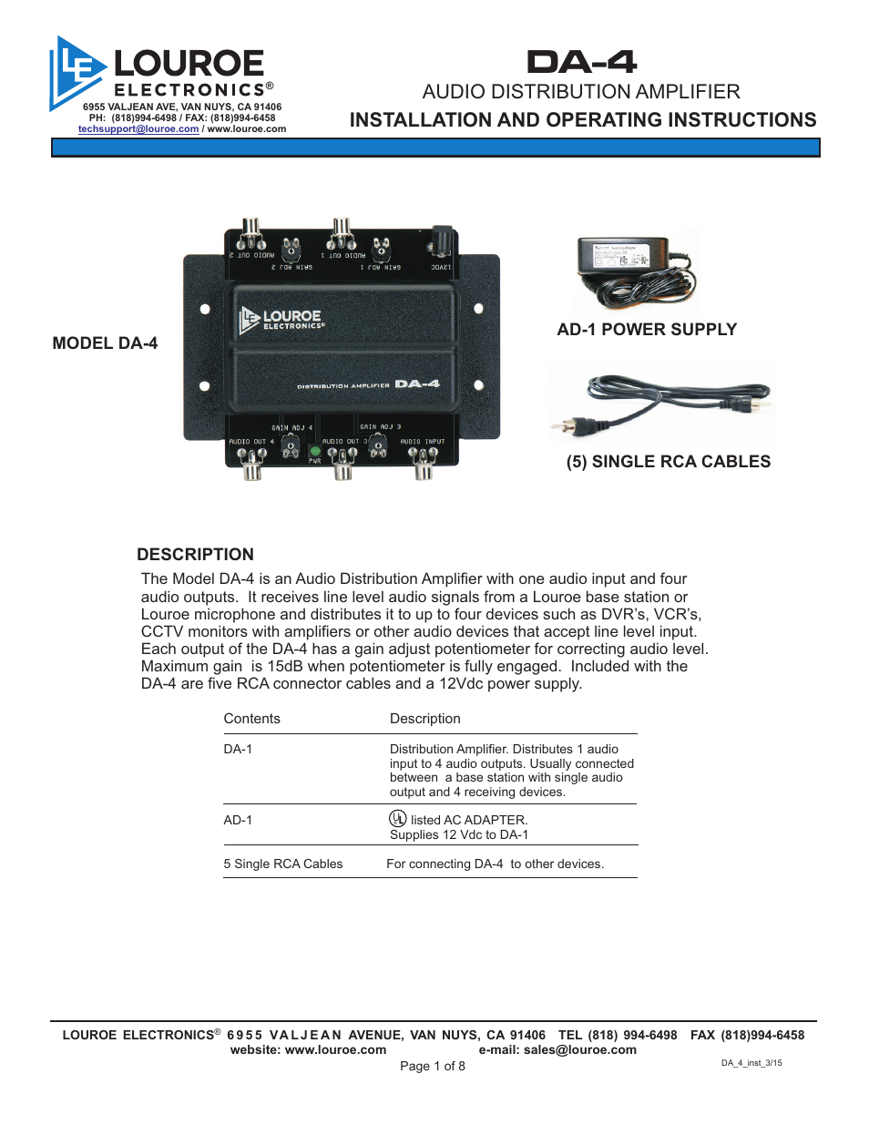 Louroe Electronics DA-4 User Manual | 8 pages