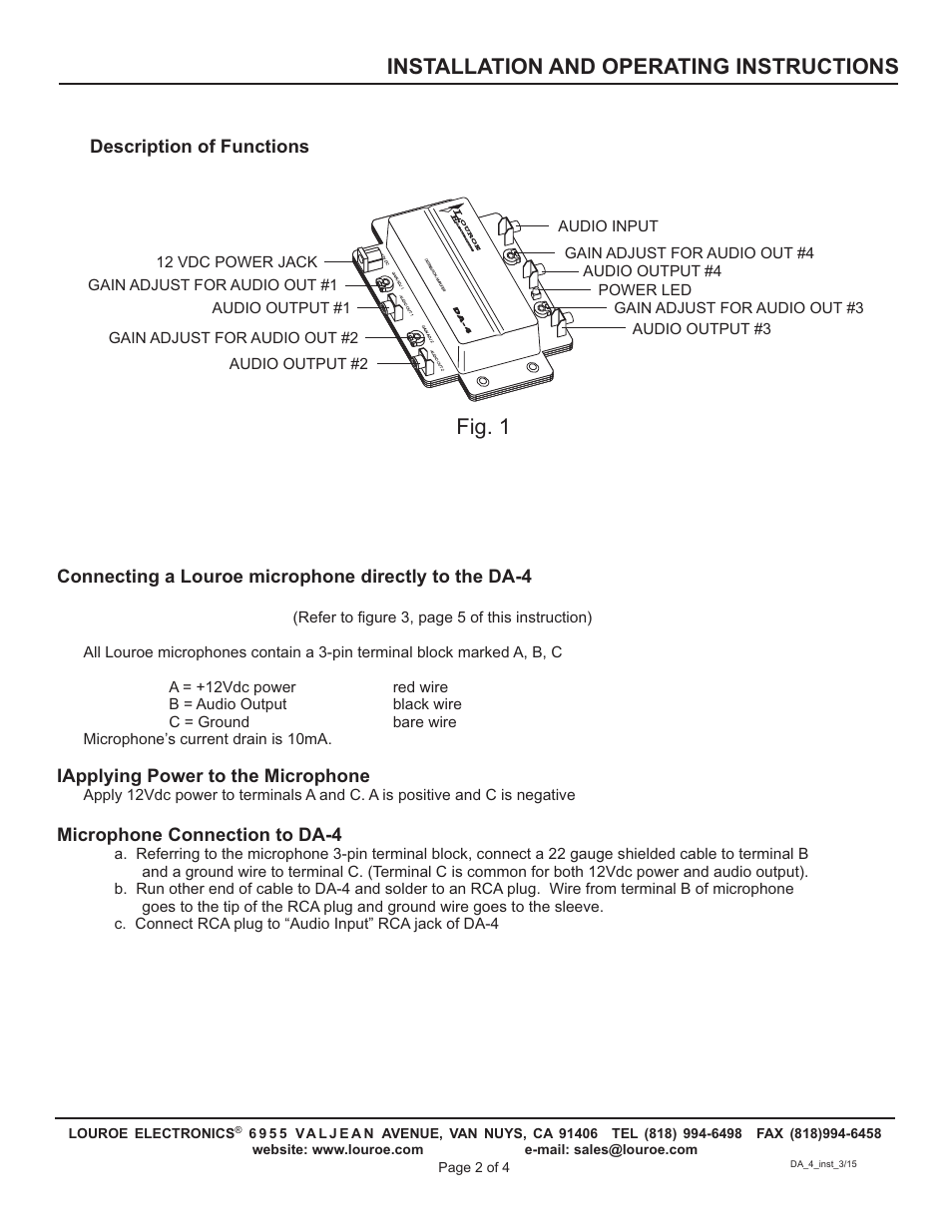 Fig. 1, Installation and operating instructions | Louroe Electronics DA-4 User Manual | Page 2 / 8