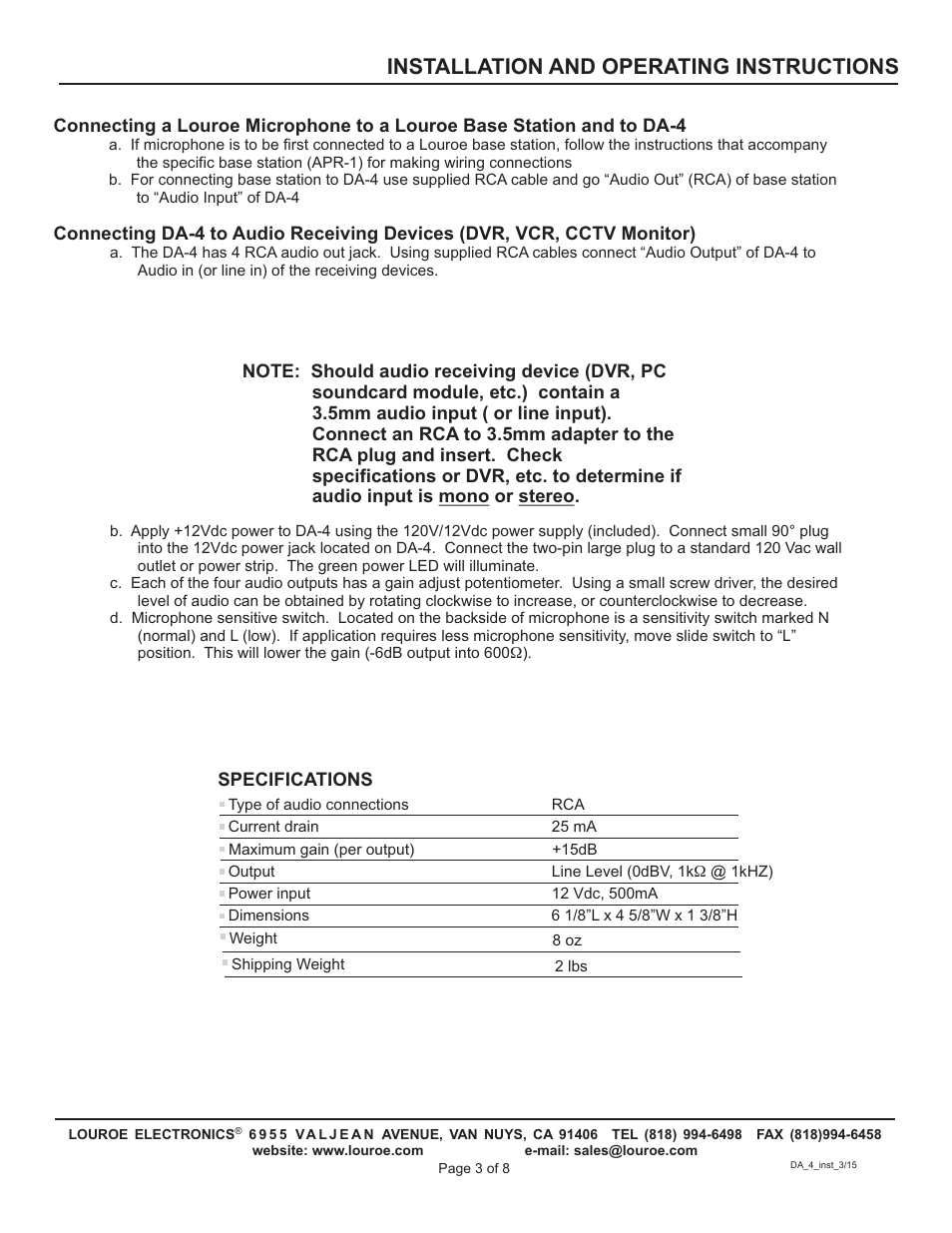 Installation and operating instructions | Louroe Electronics DA-4 User Manual | Page 3 / 8