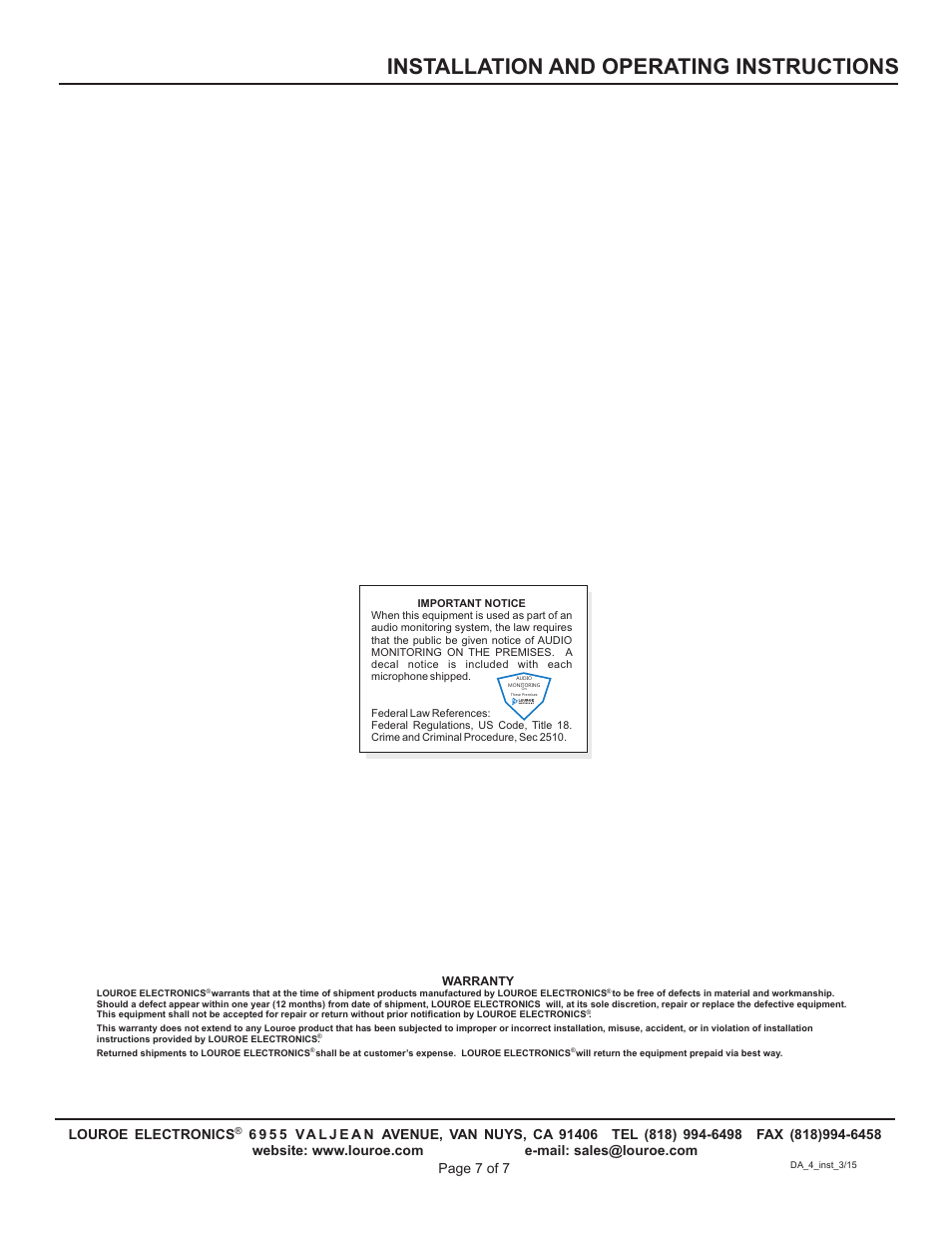 Installation and operating instructions | Louroe Electronics DA-4 User Manual | Page 7 / 8