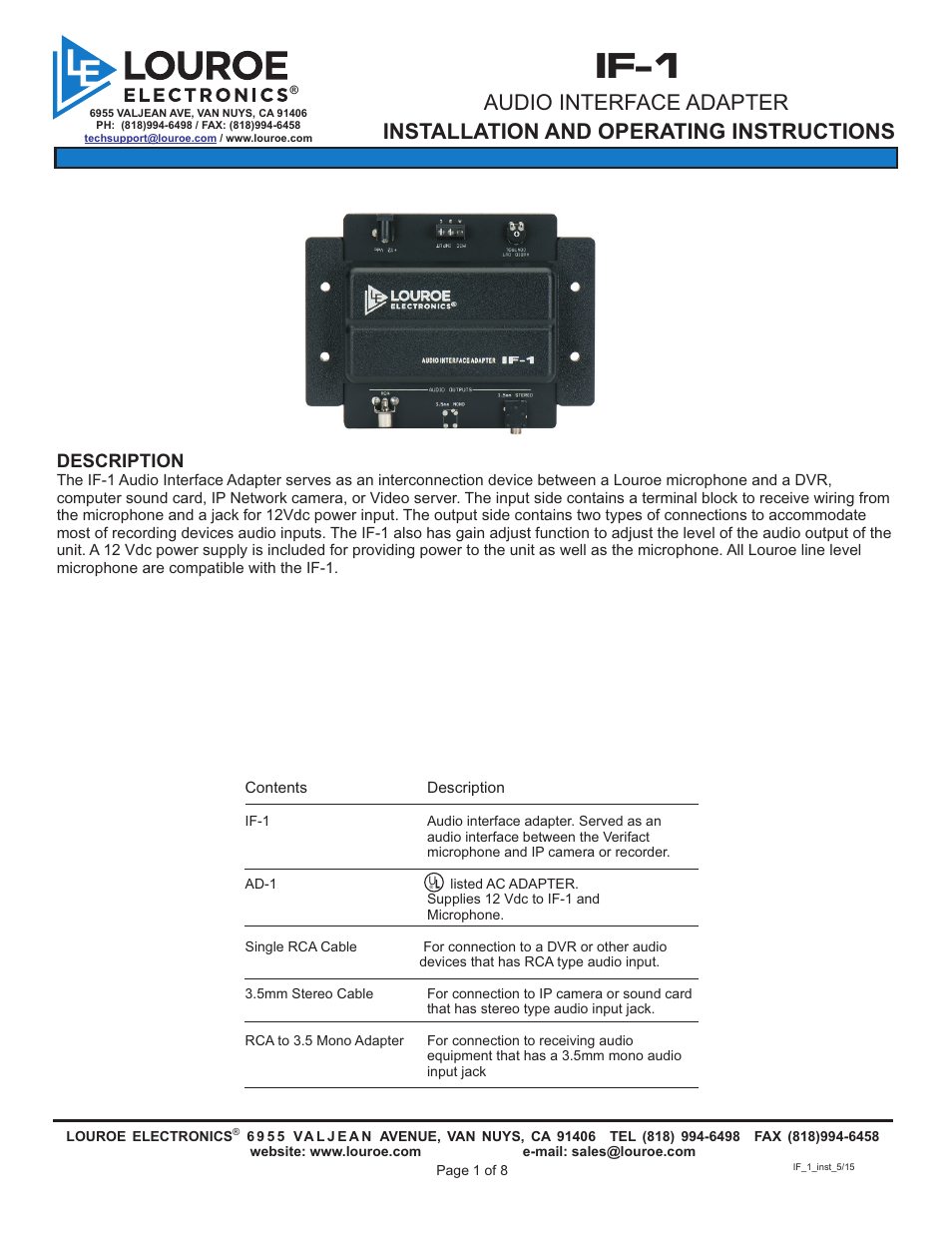 Louroe Electronics IF-1 User Manual | 8 pages