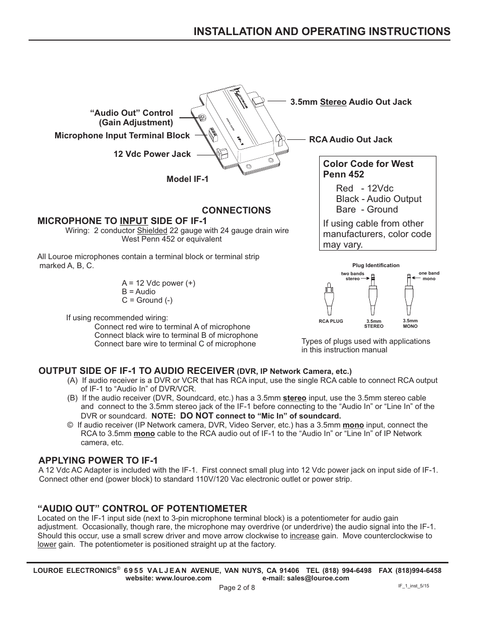 Installation and operating instructions, Connections microphone to input side of if-1, Output side of if-1 to audio receiver | Applying power to if-1, Audio out” control of potentiometer | Louroe Electronics IF-1 User Manual | Page 2 / 8