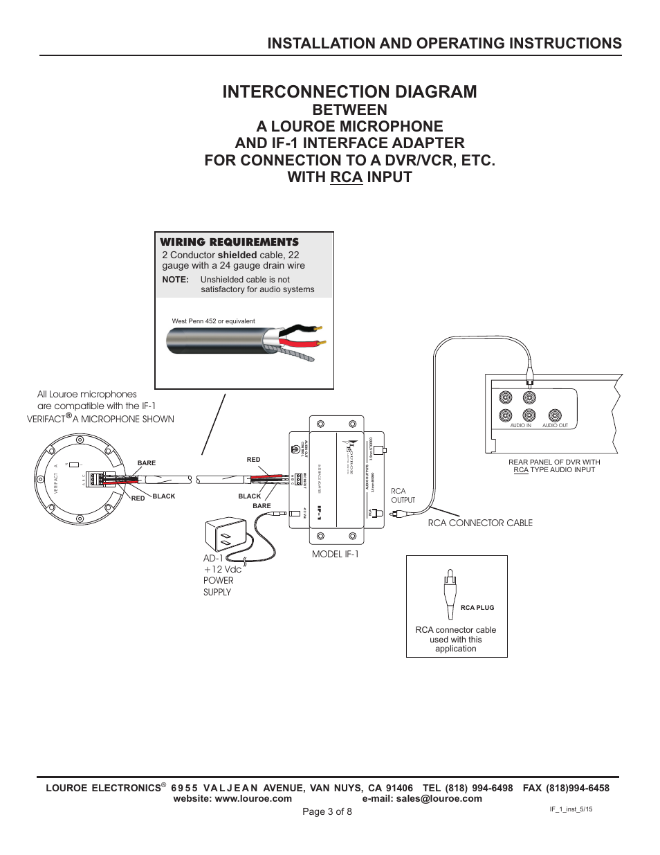 Interconnection diagram, Installation and operating instructions, Wiring requirements | Rca connector cable used with this application | Louroe Electronics IF-1 User Manual | Page 3 / 8