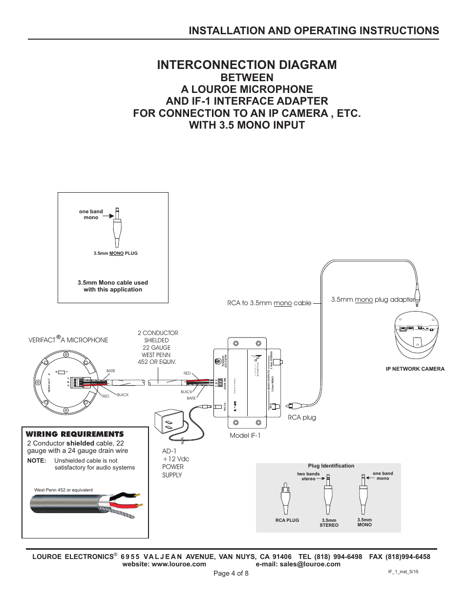 Interconnection diagram, Wiring requirements, Verifact a microphone | Louroe Electronics IF-1 User Manual | Page 4 / 8