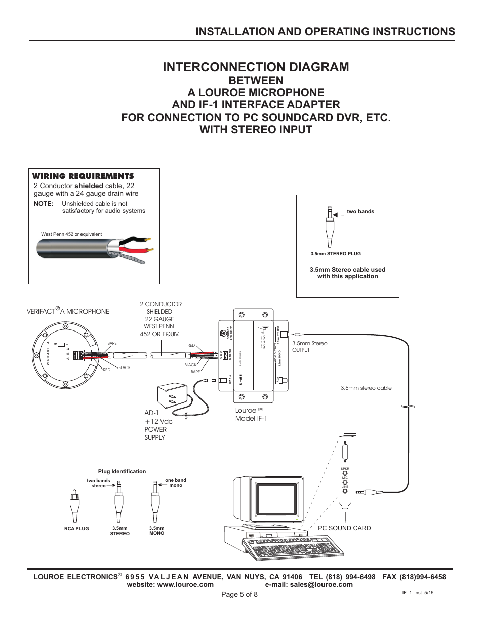 Interconnection diagram, Wiring requirements, Verifact a microphone | Louroe™ model if-1, Ad-1 +12 vdc power supply | Louroe Electronics IF-1 User Manual | Page 5 / 8