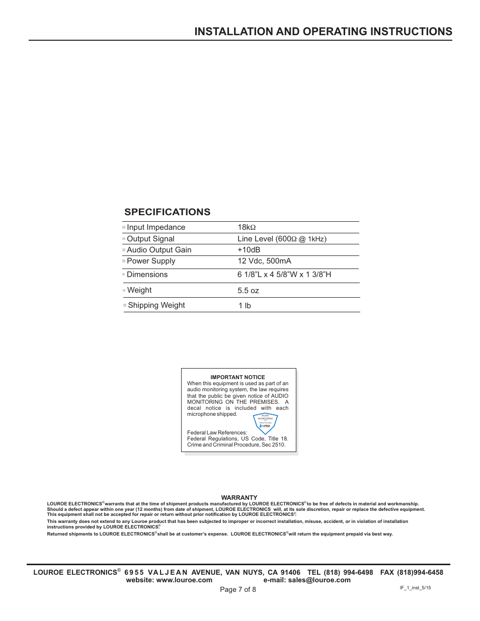 Installation and operating instructions, Specifications | Louroe Electronics IF-1 User Manual | Page 7 / 8