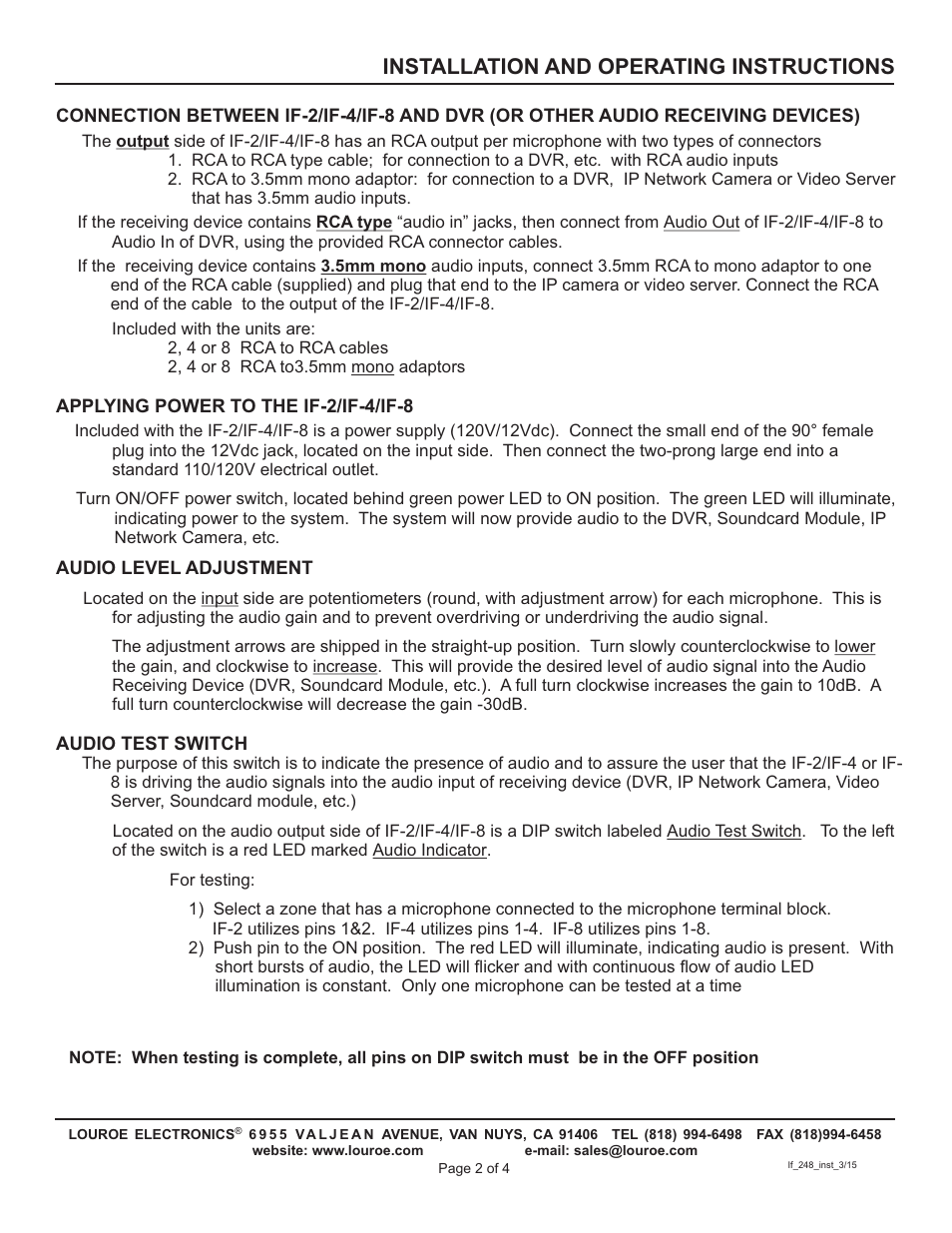 Installation and operating instructions | Louroe Electronics IF-2 User Manual | Page 2 / 4