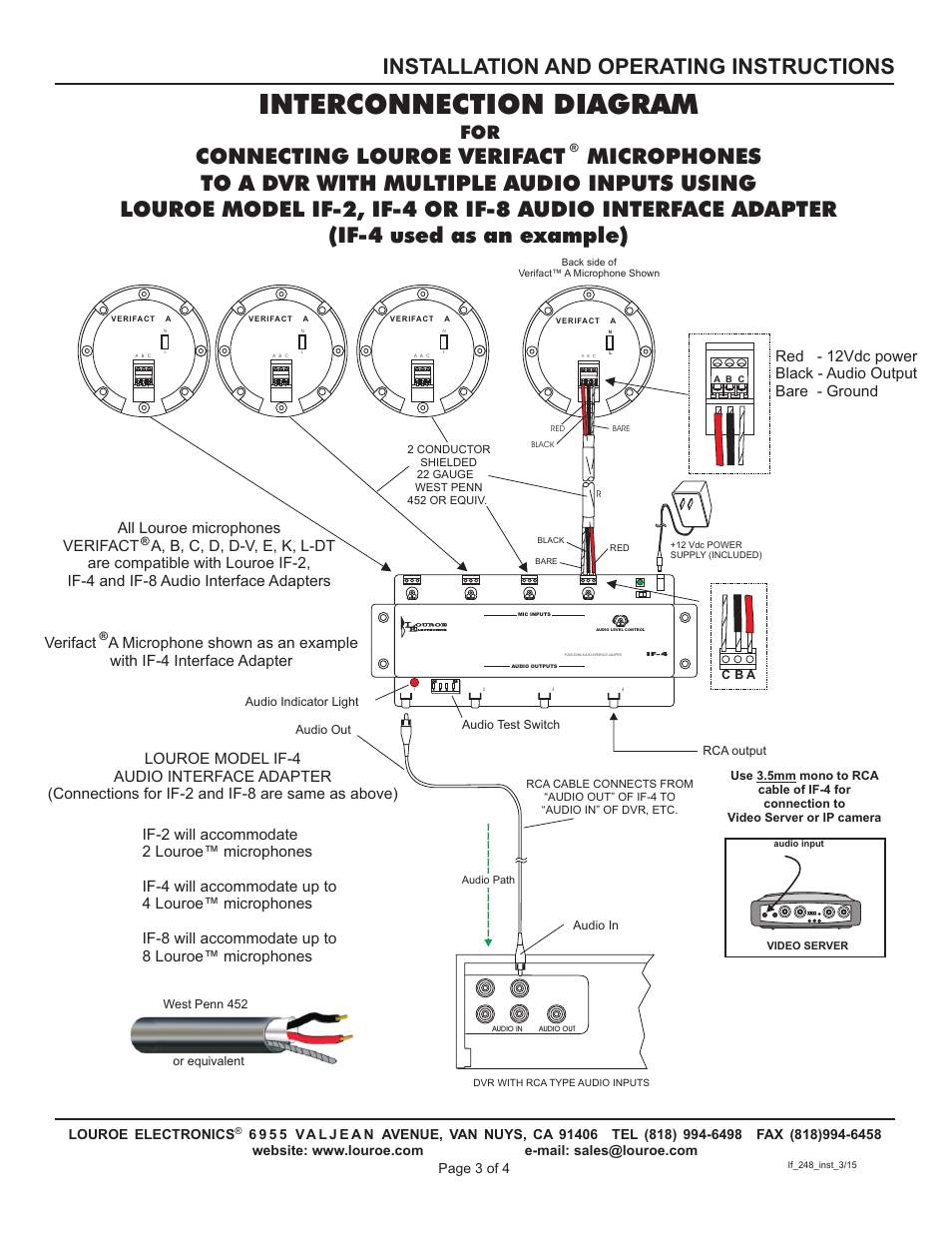 Interconnection diagram, Installation and operating instructions, Lectronic s | Louroe Electronics IF-2 User Manual | Page 3 / 4
