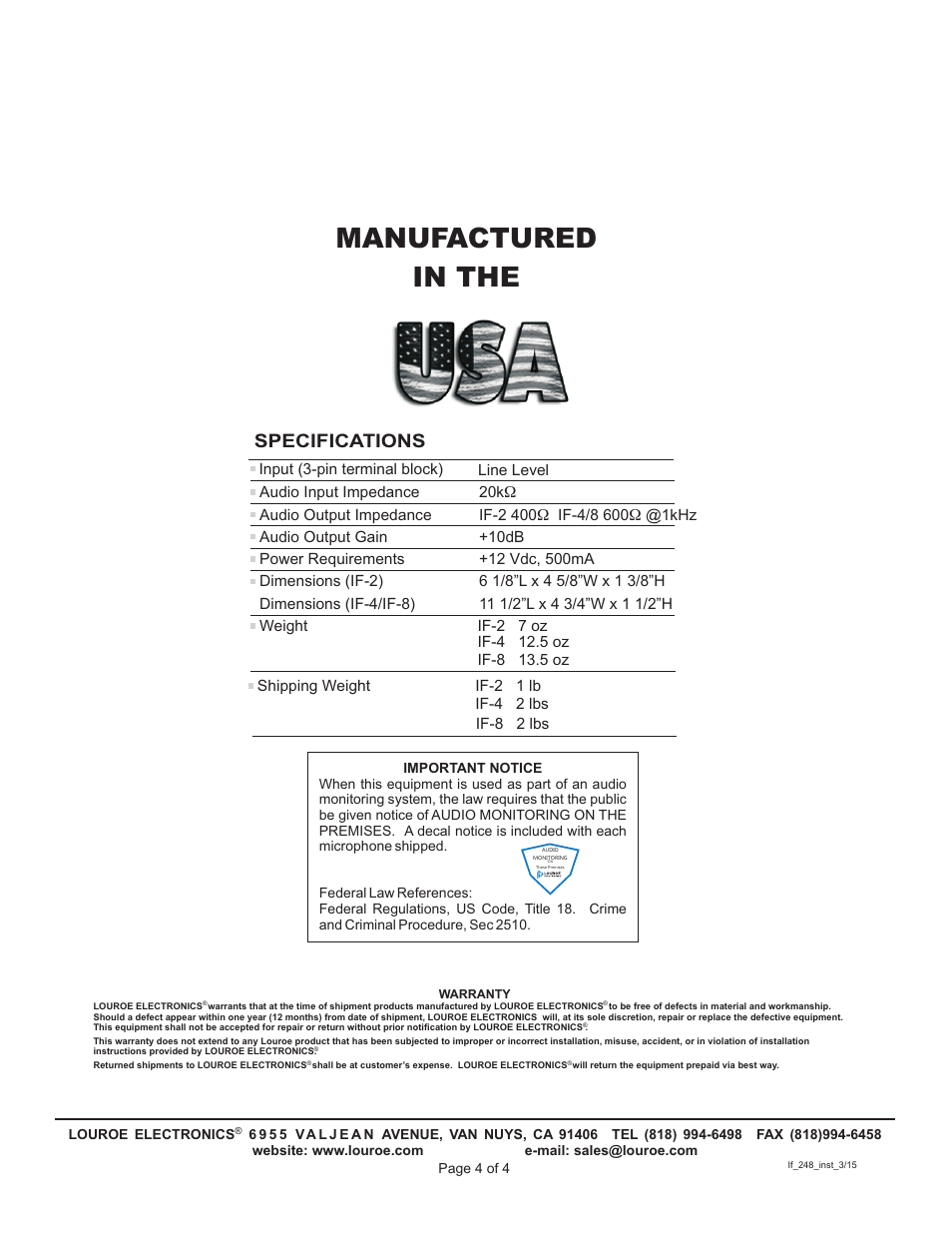 Manufactured in the, Specifications | Louroe Electronics IF-2 User Manual | Page 4 / 4