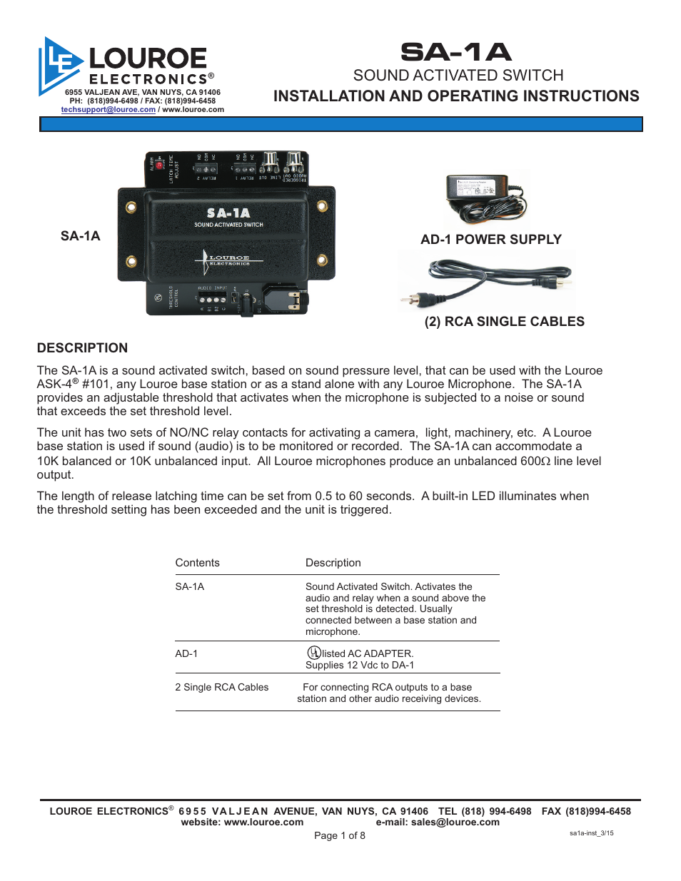 Louroe Electronics SA-1A User Manual | 8 pages