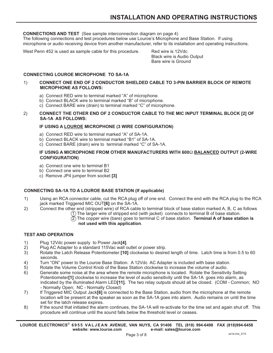 Installation and operating instructions | Louroe Electronics SA-1A User Manual | Page 3 / 8