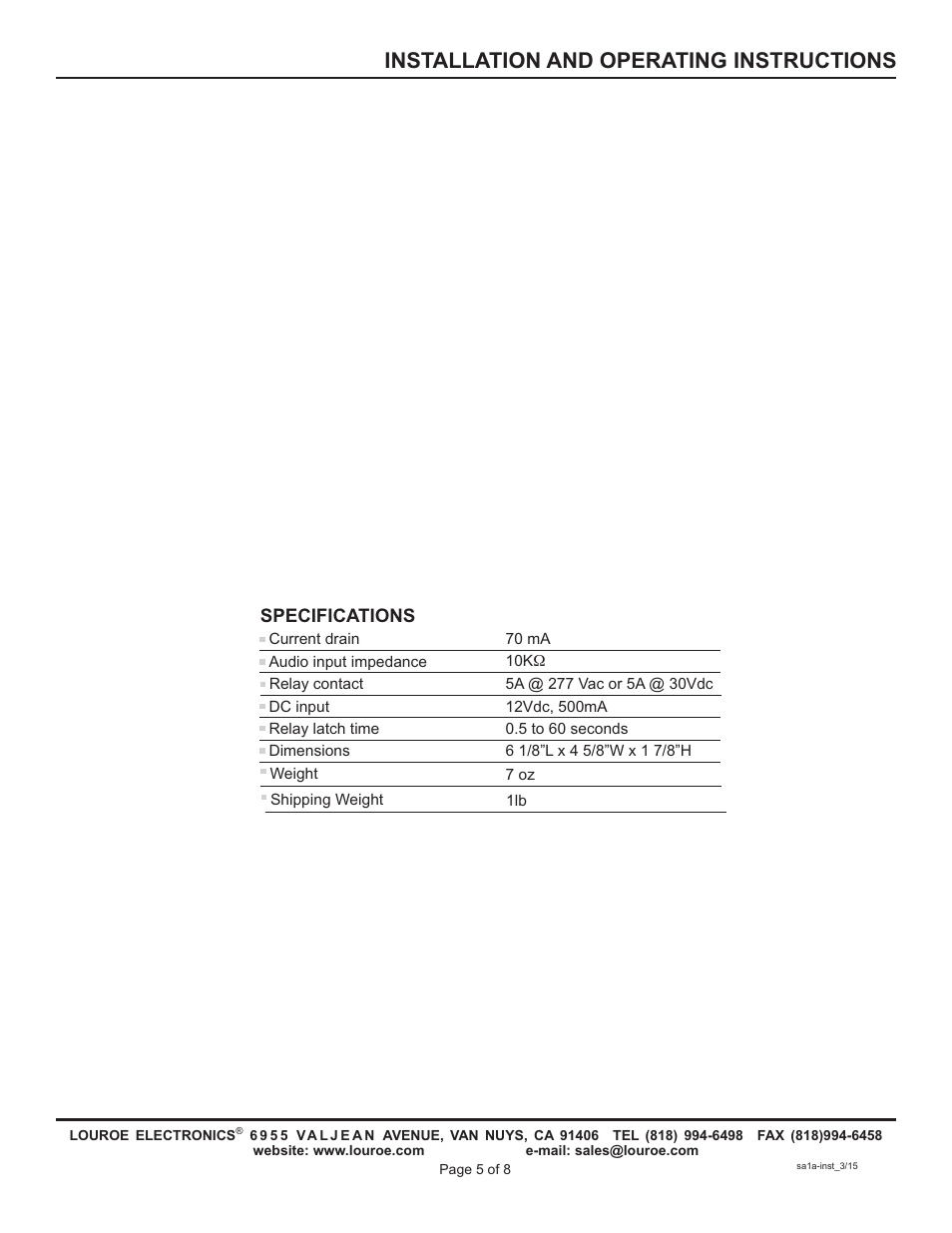 Installation and operating instructions | Louroe Electronics SA-1A User Manual | Page 5 / 8