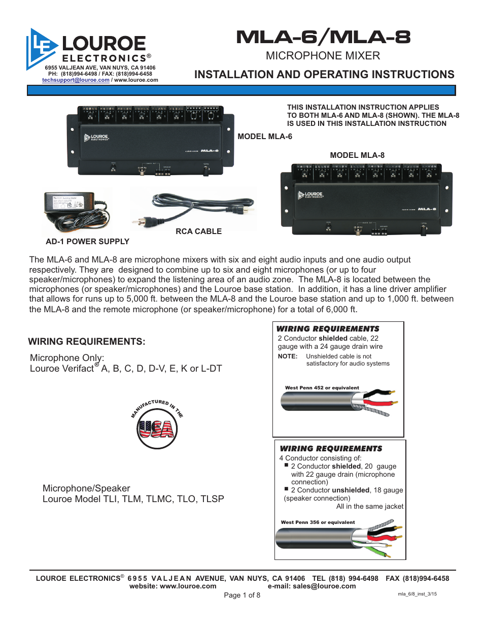 Louroe Electronics MLA-8 User Manual | 8 pages