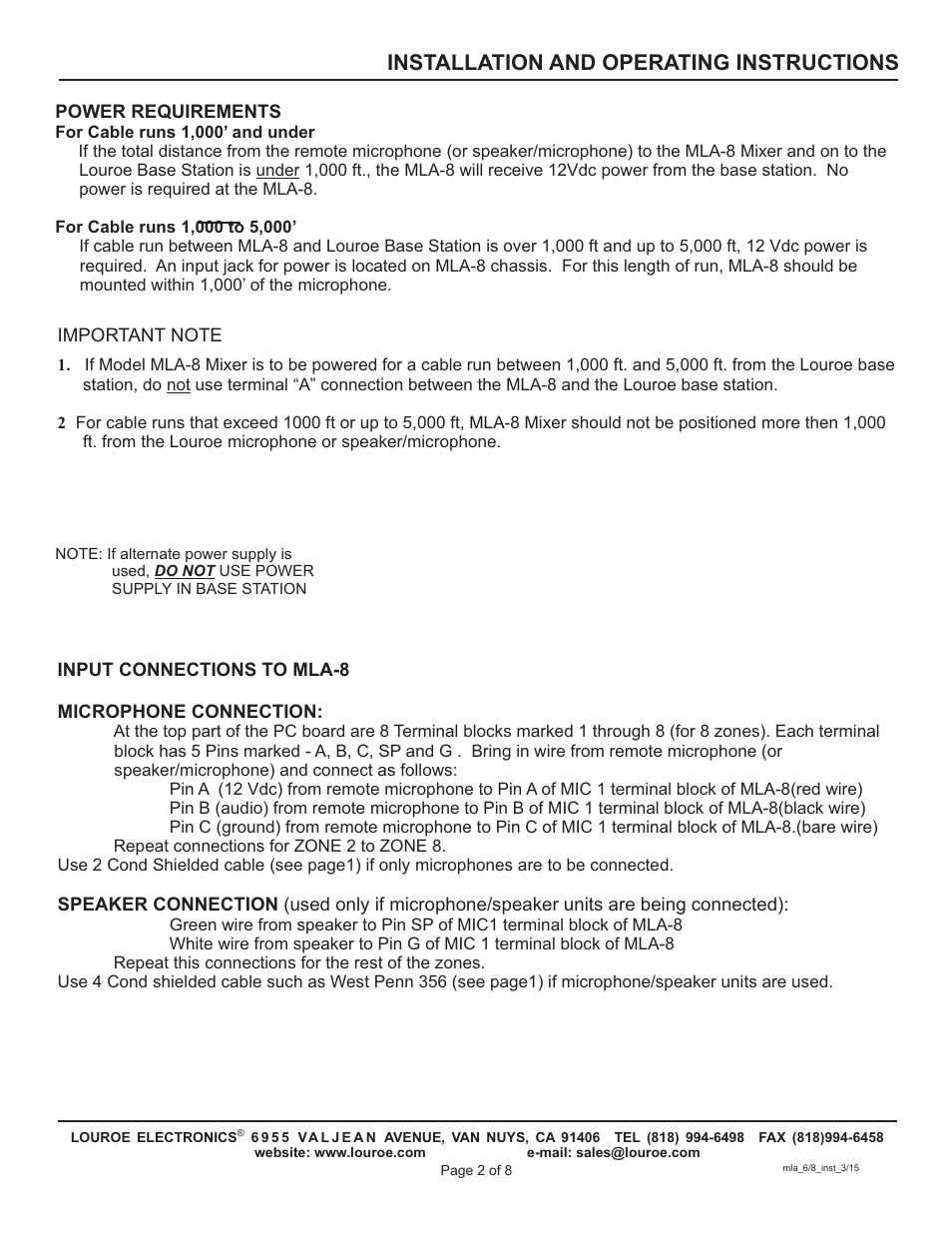 Installation and operating instructions | Louroe Electronics MLA-8 User Manual | Page 2 / 8