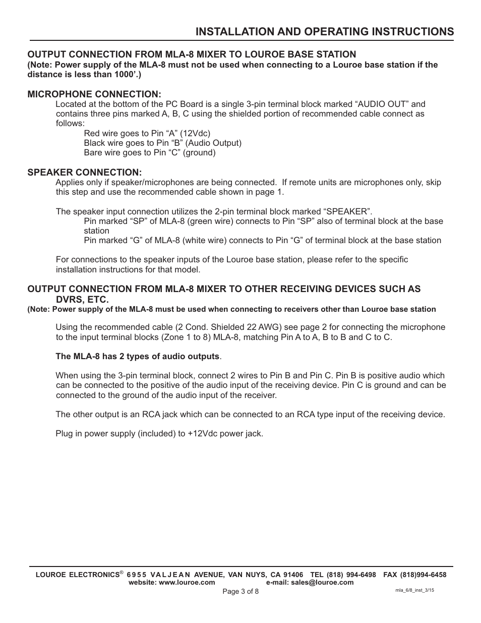 Installation and operating instructions | Louroe Electronics MLA-8 User Manual | Page 3 / 8