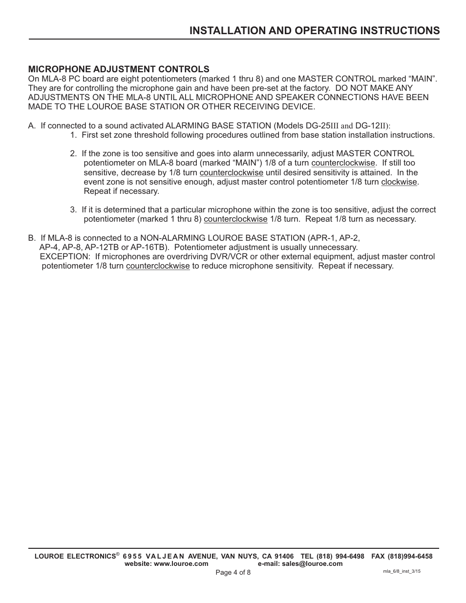 Installation and operating instructions | Louroe Electronics MLA-8 User Manual | Page 4 / 8