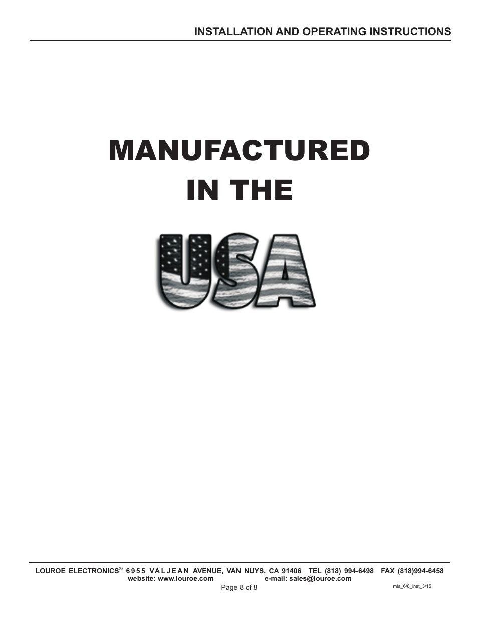 Manufactured in the | Louroe Electronics MLA-8 User Manual | Page 8 / 8