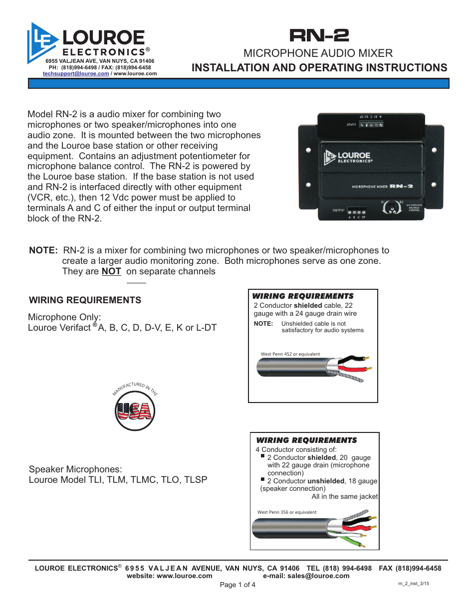 Louroe Electronics RN-2 User Manual | 4 pages