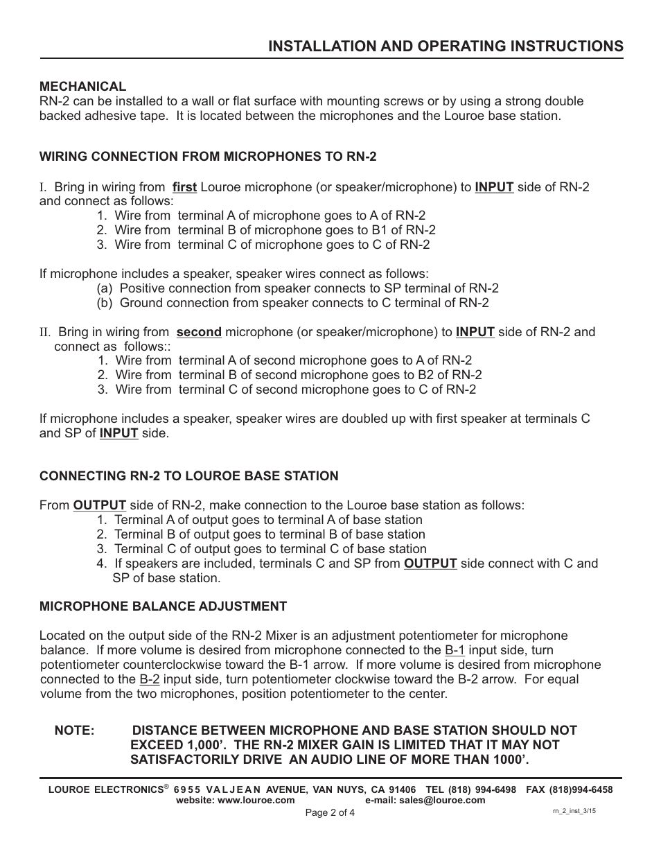 Installation and operating instructions | Louroe Electronics RN-2 User Manual | Page 2 / 4