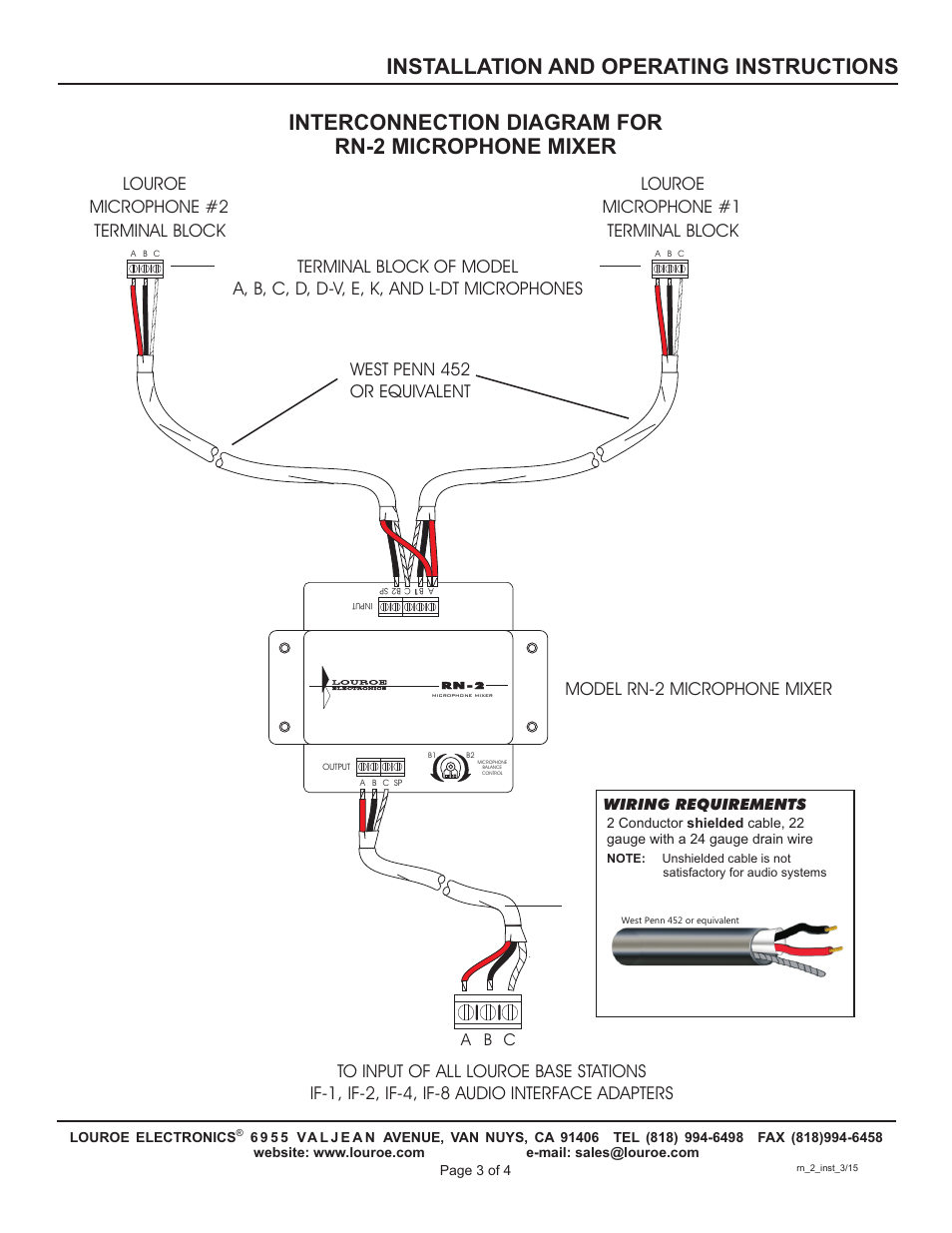 Interconnection diagram for rn-2 microphone mixer, Installation and operating instructions, Louroe | Louroe west penn 452 or equivalent, A b c | Louroe Electronics RN-2 User Manual | Page 3 / 4