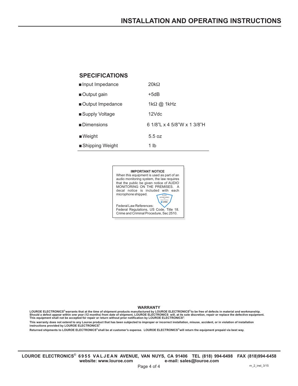 Installation and operating instructions, Specifications | Louroe Electronics RN-2 User Manual | Page 4 / 4