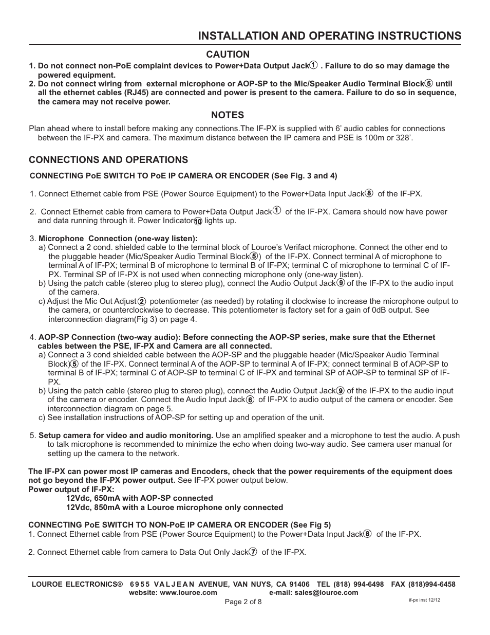 Installation and operating instructions | Louroe Electronics IF-PX User Manual | Page 2 / 8