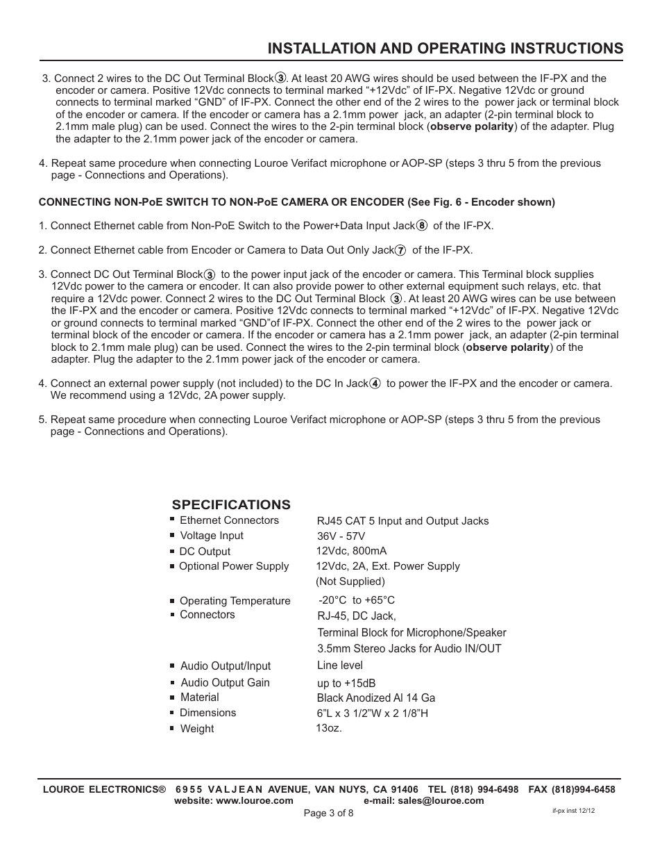 Installation and operating instructions | Louroe Electronics IF-PX User Manual | Page 3 / 8