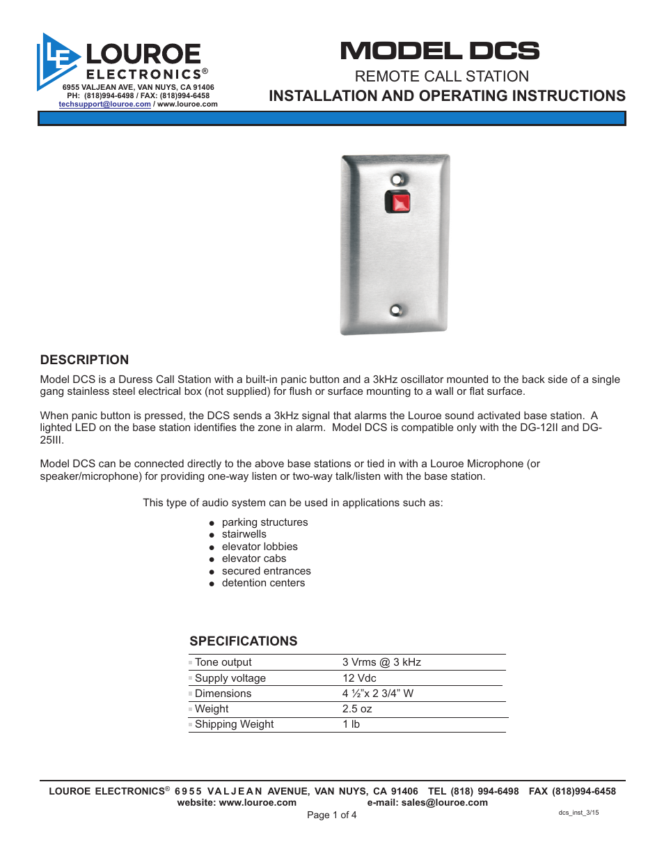 Louroe Electronics DCS User Manual | 4 pages