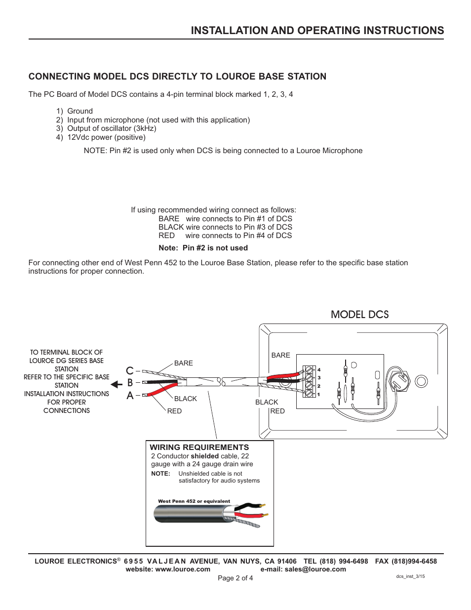 Model dcs, Installation and operating instructions | Louroe Electronics DCS User Manual | Page 2 / 4