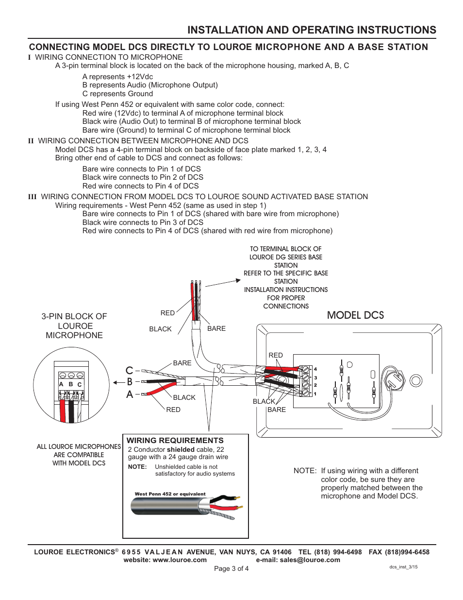 Model dcs, Installation and operating instructions | Louroe Electronics DCS User Manual | Page 3 / 4