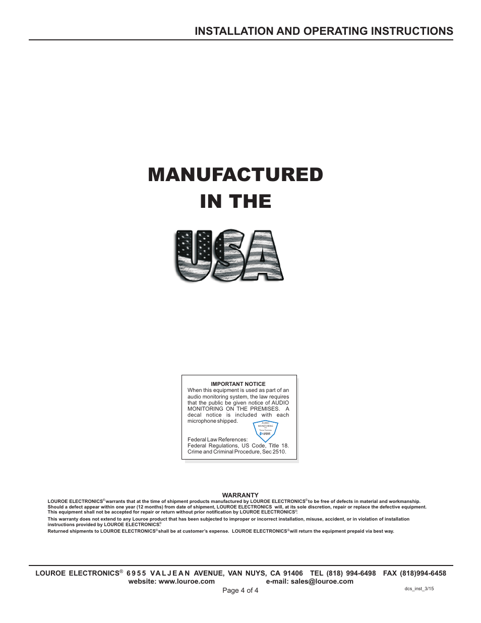 Manufactured in the, Installation and operating instructions | Louroe Electronics DCS User Manual | Page 4 / 4