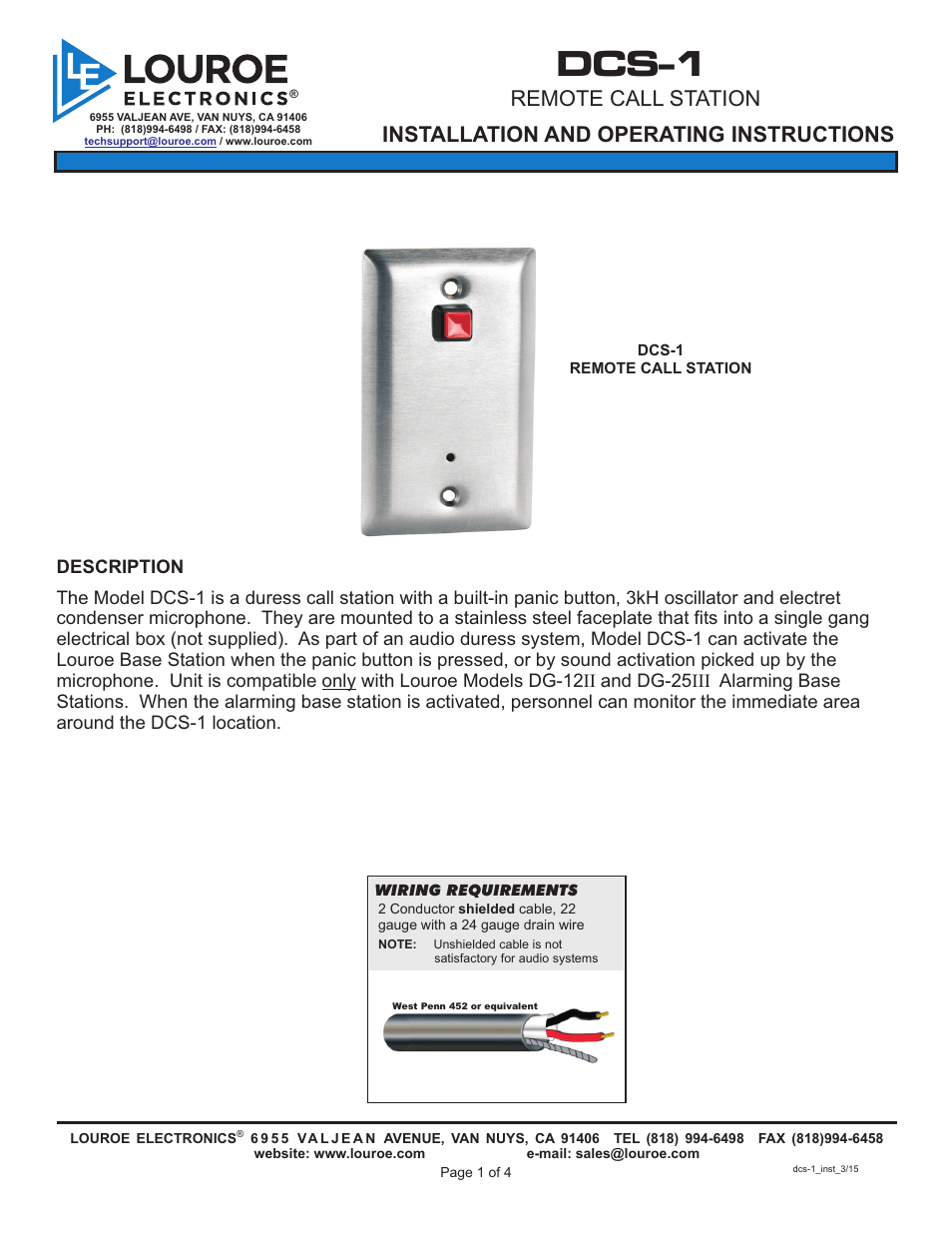 Louroe Electronics DCS-1 User Manual | 4 pages