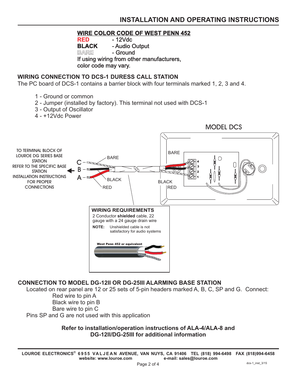 Installation and operating instructions c, Model dcs | Louroe Electronics DCS-1 User Manual | Page 2 / 4