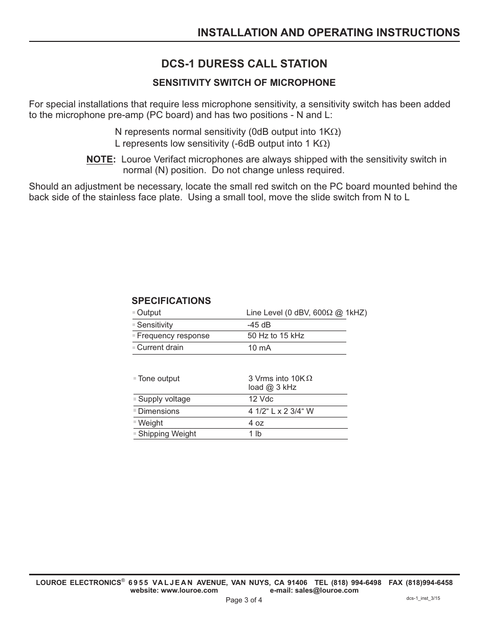 Dcs-1 duress call station, Installation and operating instructions | Louroe Electronics DCS-1 User Manual | Page 3 / 4