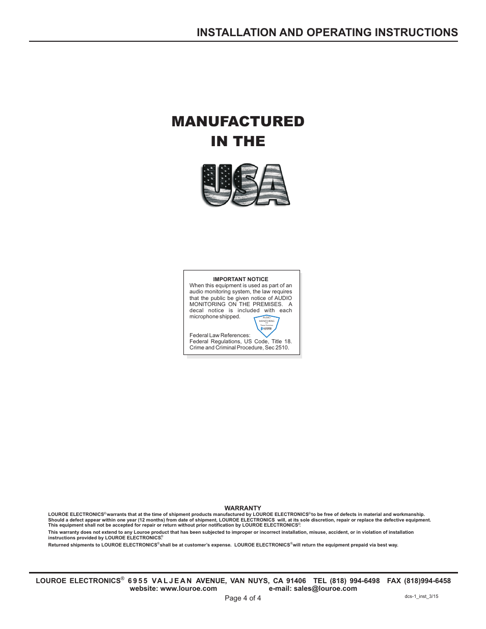 Manufactured in the, Installation and operating instructions | Louroe Electronics DCS-1 User Manual | Page 4 / 4