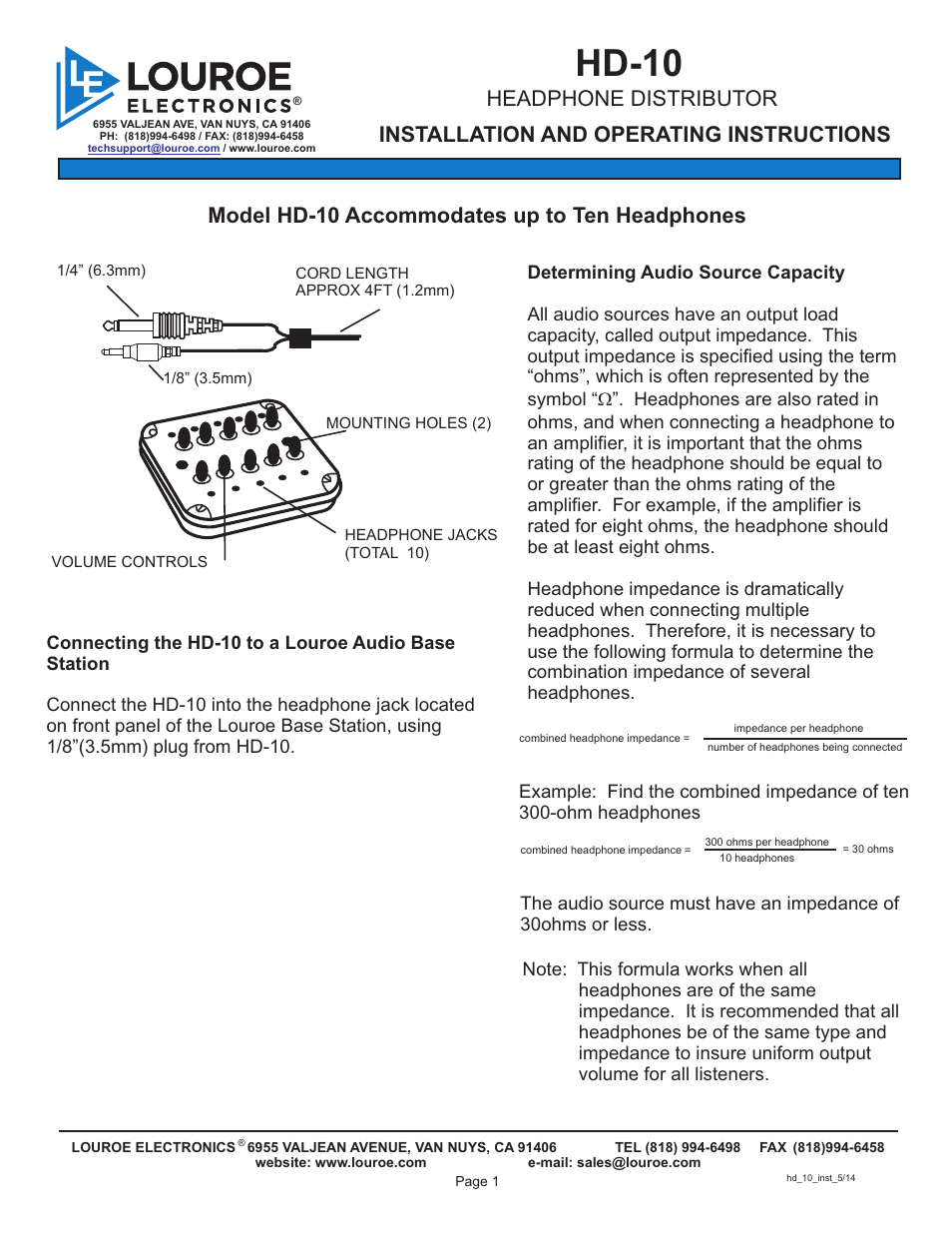 Louroe Electronics HD-10 User Manual | 2 pages