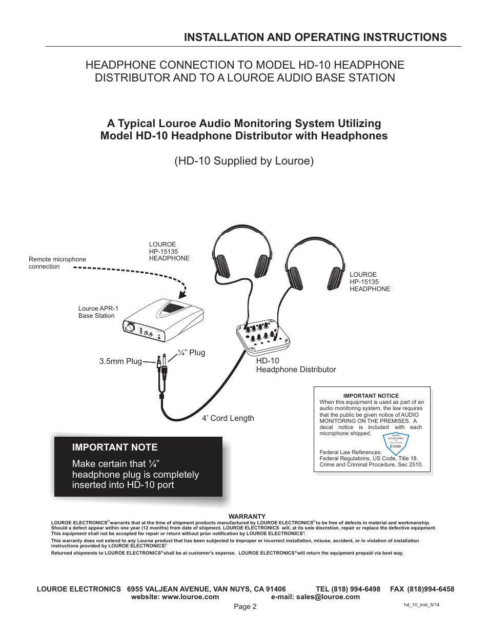 Louroe Electronics HD-10 User Manual | Page 2 / 2