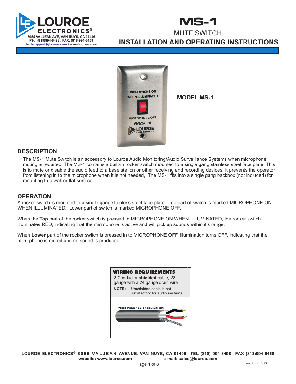 Louroe Electronics MS-1 User Manual | 8 pages