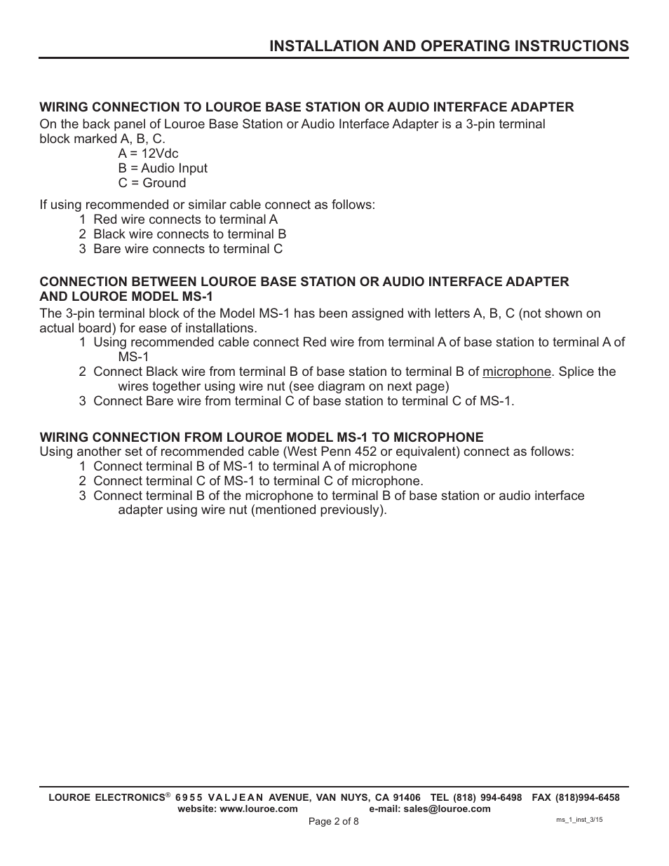 Installation and operating instructions | Louroe Electronics MS-1 User Manual | Page 2 / 8