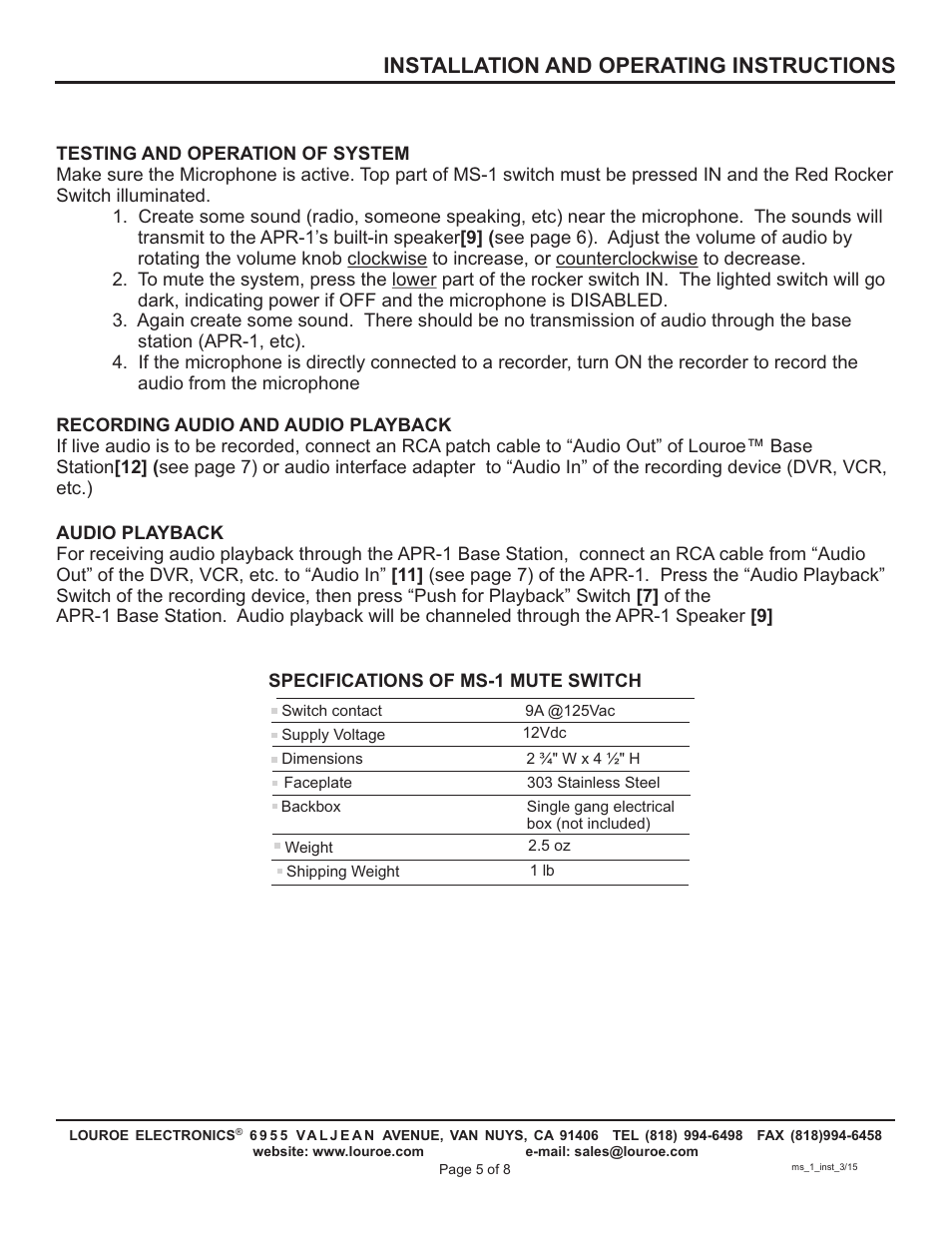 Installation and operating instructions | Louroe Electronics MS-1 User Manual | Page 5 / 8