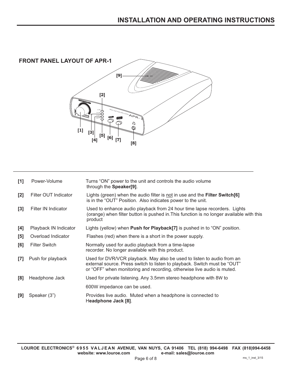 Installation and operating instructions, Front panel layout of apr-1 | Louroe Electronics MS-1 User Manual | Page 6 / 8