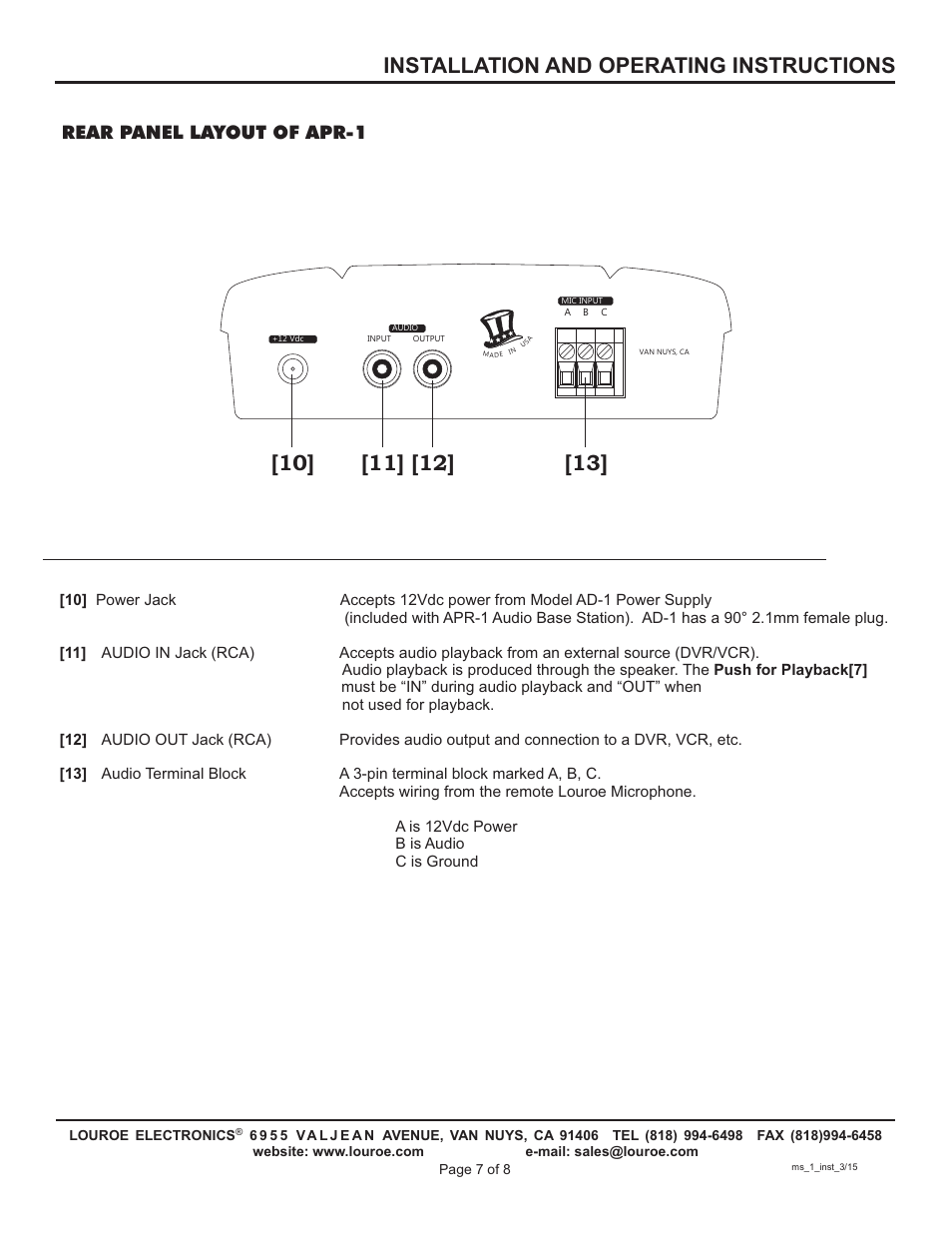 Installation and operating instructions, Rear panel layout of apr-1 | Louroe Electronics MS-1 User Manual | Page 7 / 8