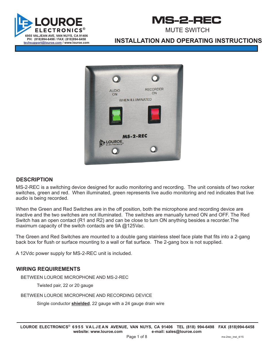 Louroe Electronics MS-2-REC User Manual | 8 pages