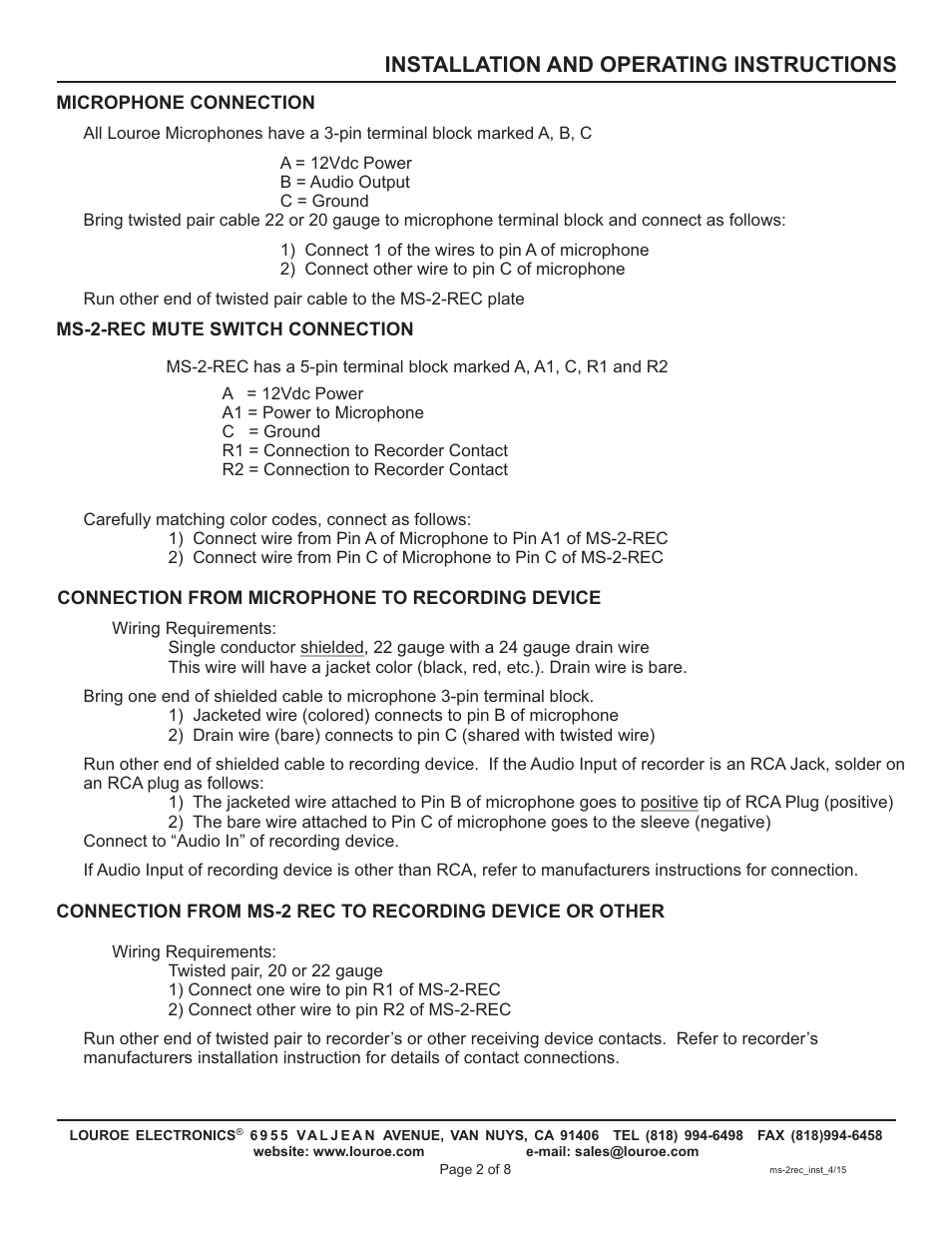 Installation and operating instructions | Louroe Electronics MS-2-REC User Manual | Page 2 / 8