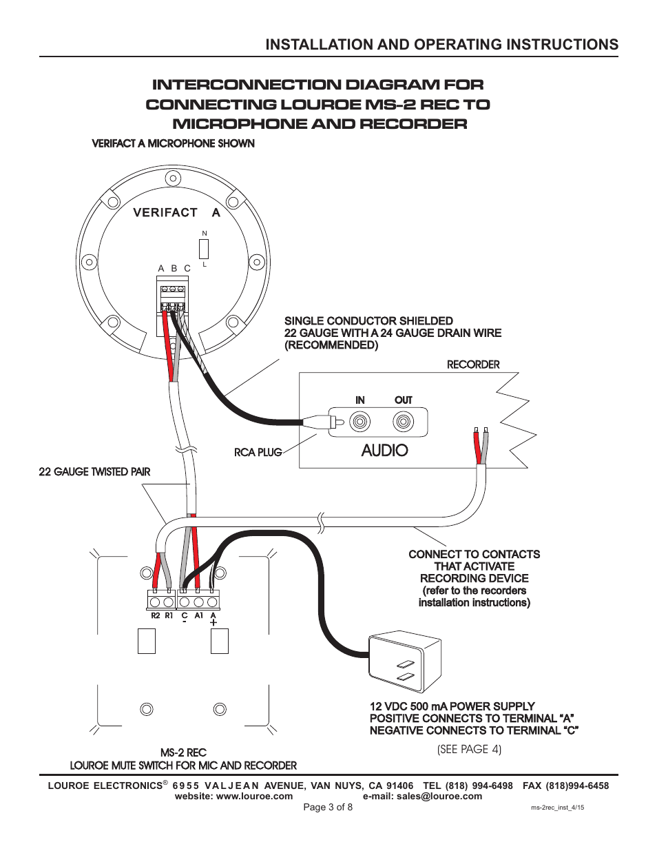 Audio, Installation and operating instructions | Louroe Electronics MS-2-REC User Manual | Page 3 / 8