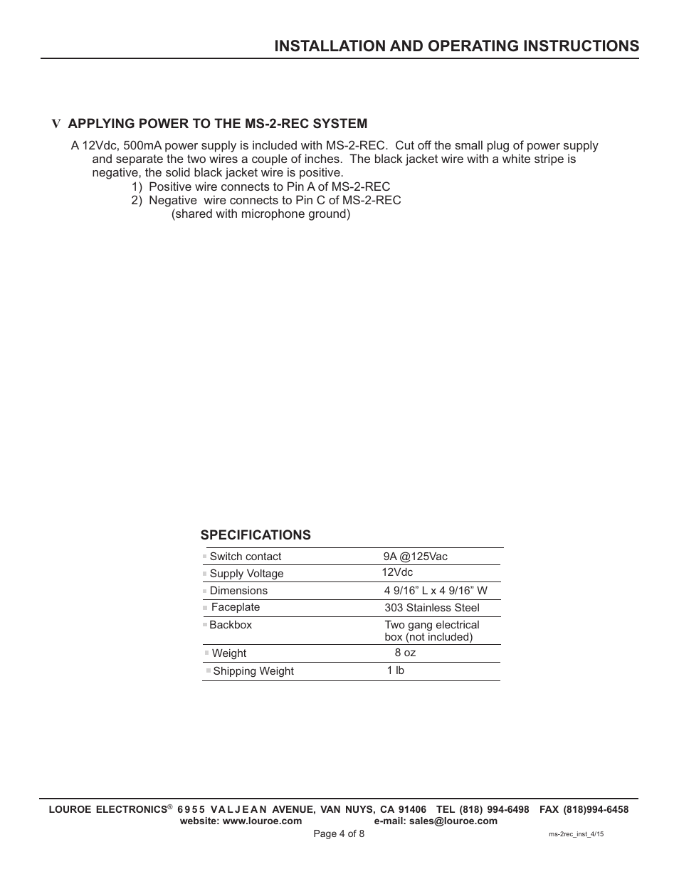 Installation and operating instructions | Louroe Electronics MS-2-REC User Manual | Page 4 / 8