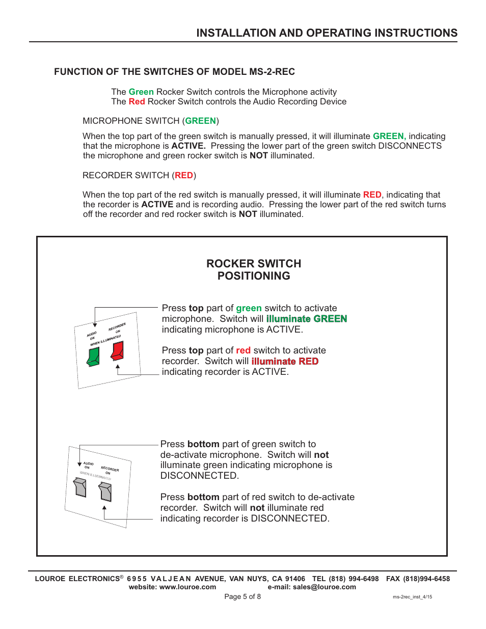 Rocker switch positioning, Installation and operating instructions | Louroe Electronics MS-2-REC User Manual | Page 5 / 8