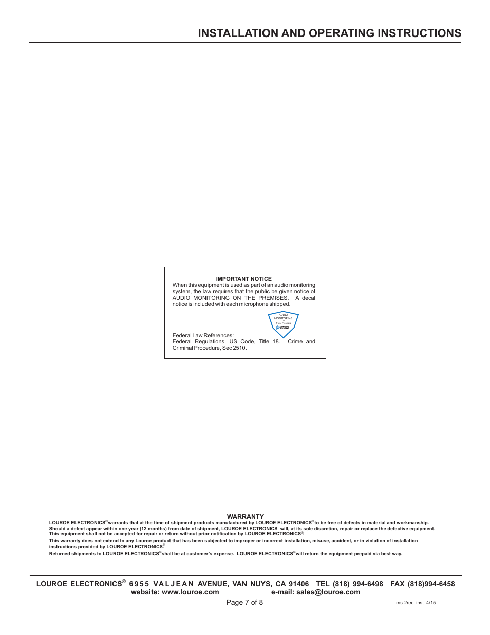 Installation and operating instructions | Louroe Electronics MS-2-REC User Manual | Page 7 / 8