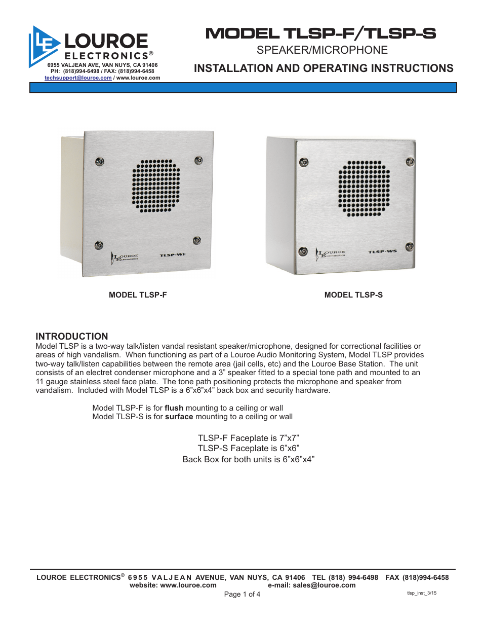Louroe Electronics TLSP-F User Manual | 4 pages