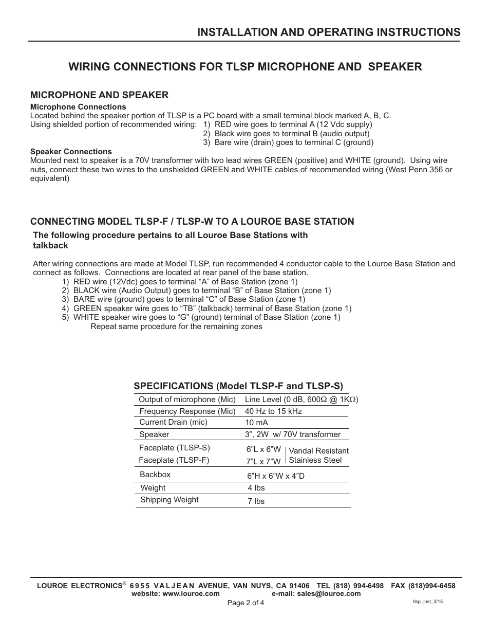 Wiring connections for tlsp microphone and speaker, Installation and operating instructions | Louroe Electronics TLSP-F User Manual | Page 2 / 4